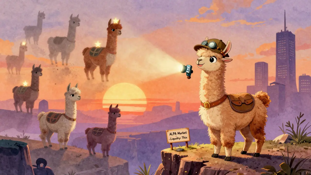 A lone alpaca on a cliff overlooking a fading NFT market under giant competitor silhouettes.