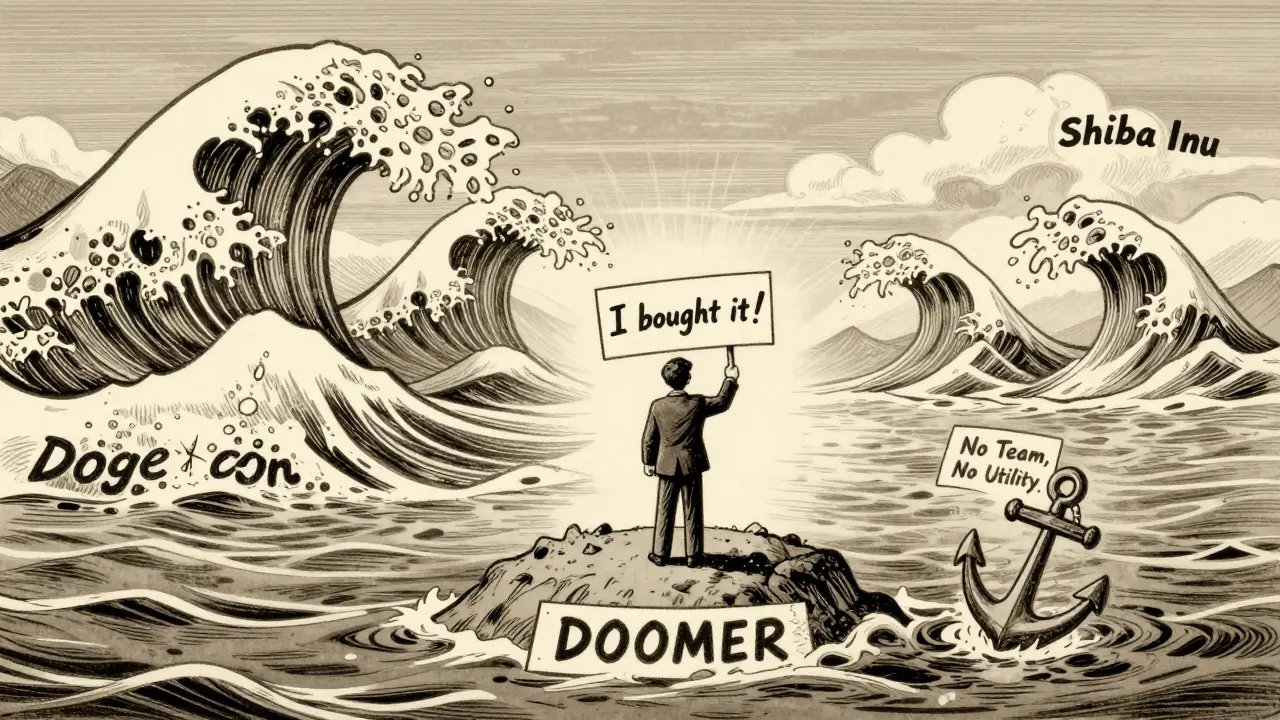 A lone investor on a small island labeled DOOMER, surrounded by giant waves of Dogecoin and Shiba Inu.