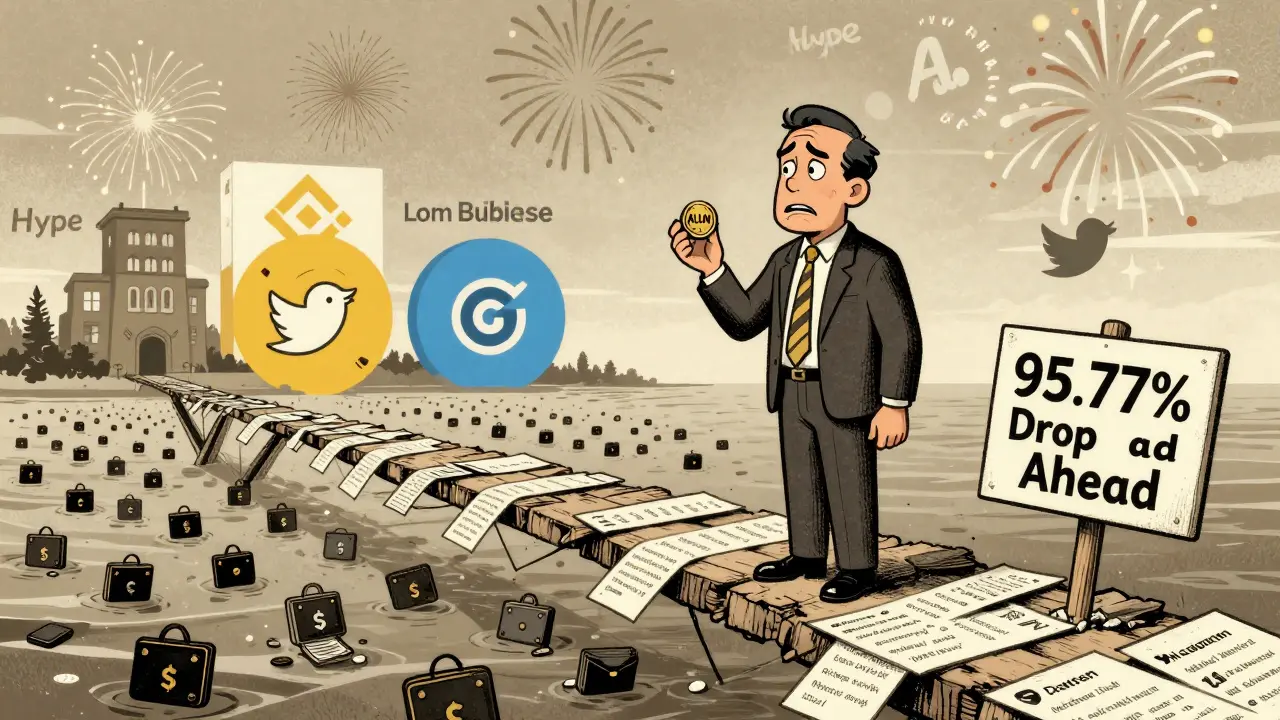 A lonely investor on a shaky bridge of social media posts, surrounded by worthless wallets