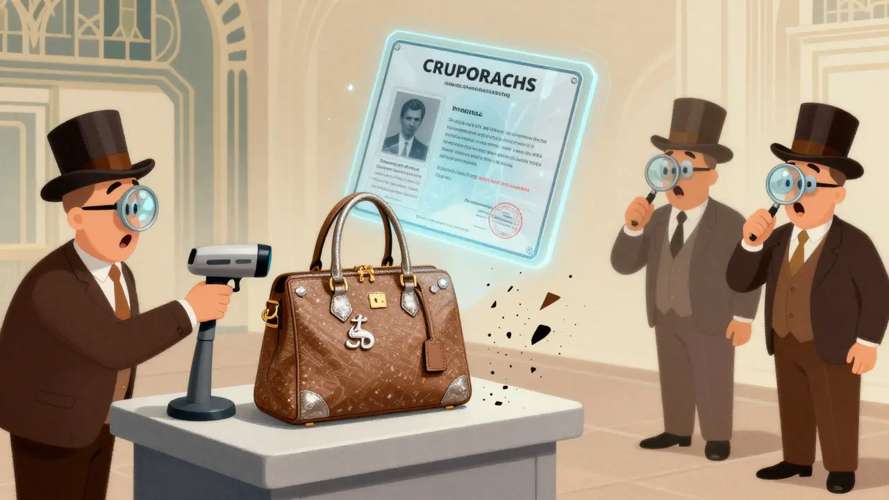 A luxury bag's blockchain authenticity is verified at customs, while a fake crumbles to dust in vintage cartoon art.