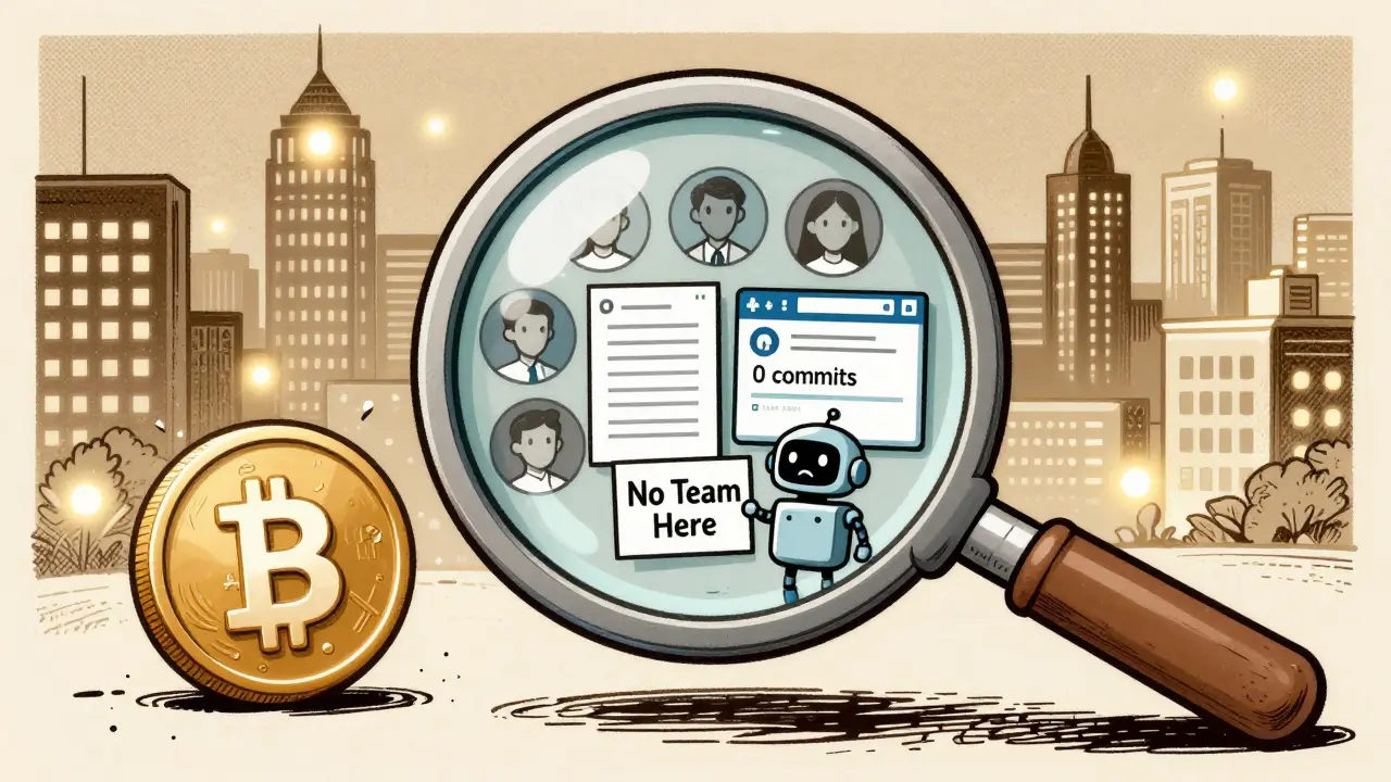 A magnifying glass reveals ASIX+ has no team, code, or roadmap, unlike real crypto projects.