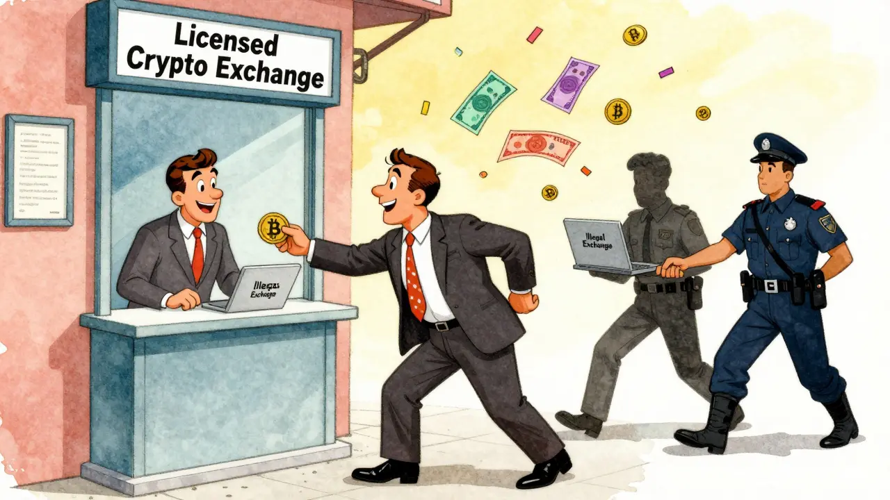 A man deposits Bitcoin at a licensed bank while an illegal trader is arrested in a Jordanian street scene.