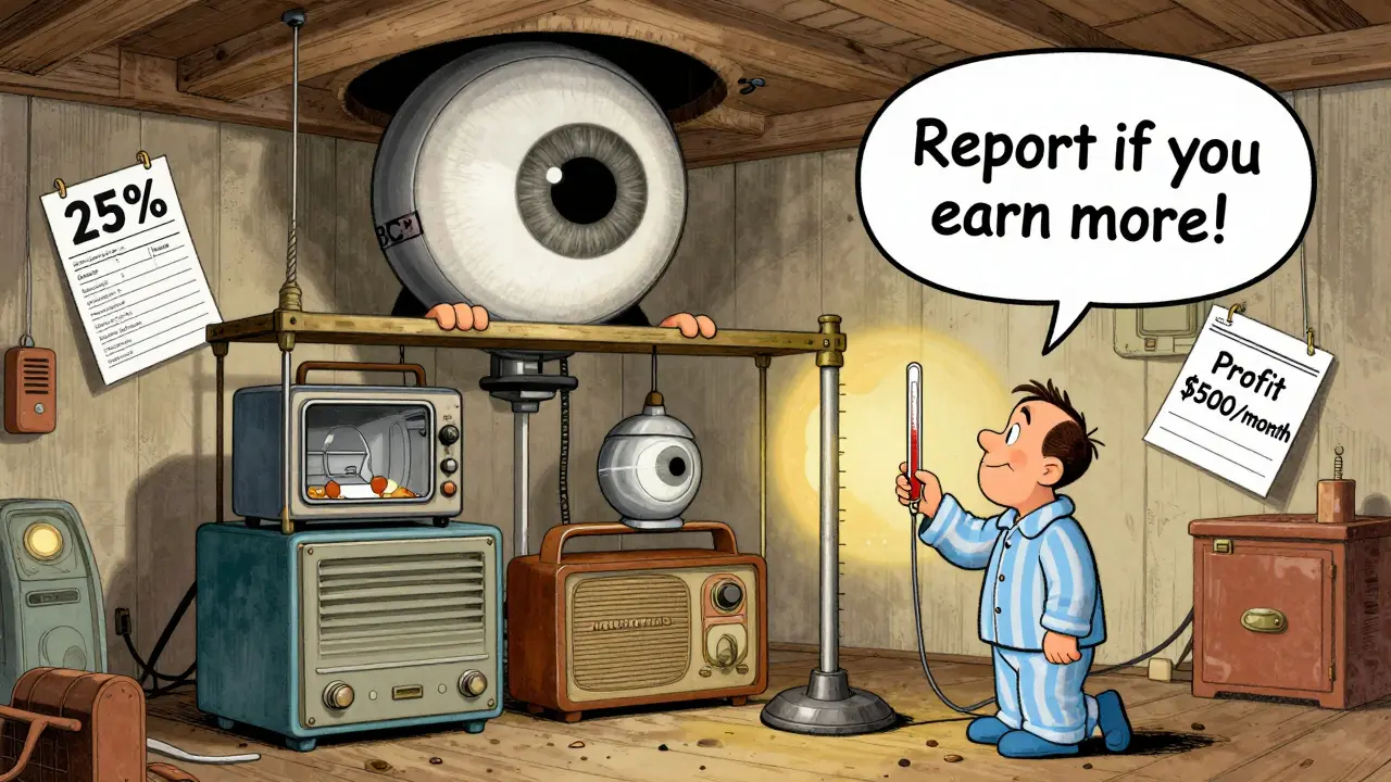 A man mining crypto with old appliances, watched by a giant eye as a tax form floats above him.