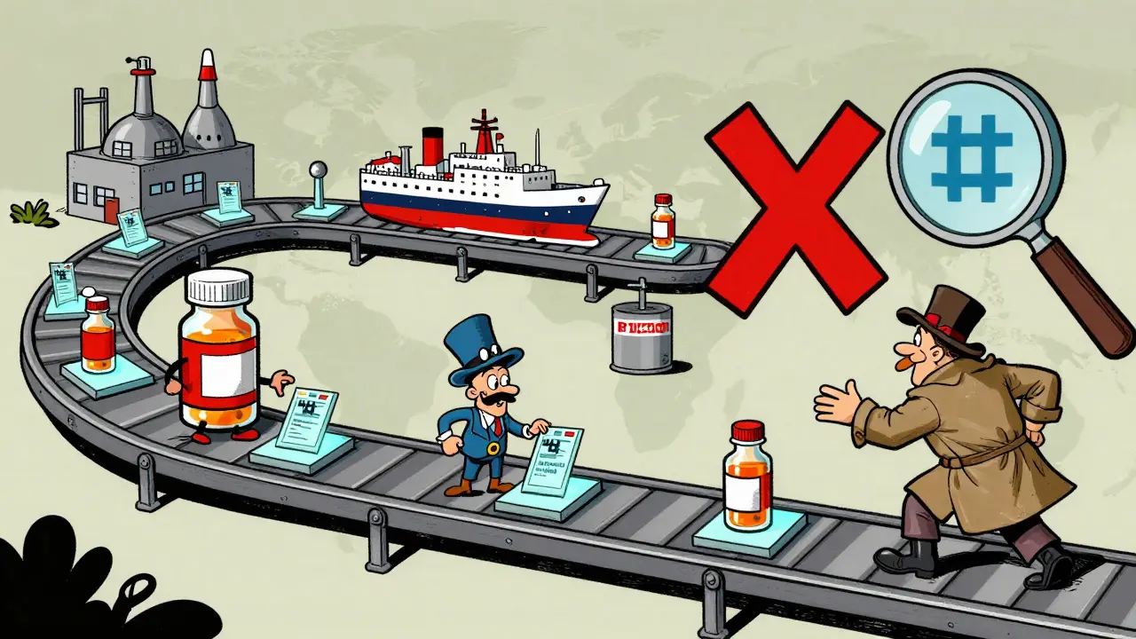 A medicine bottle travels a supply chain on a conveyor belt, with a counterfeiter caught by a blockchain verification system.