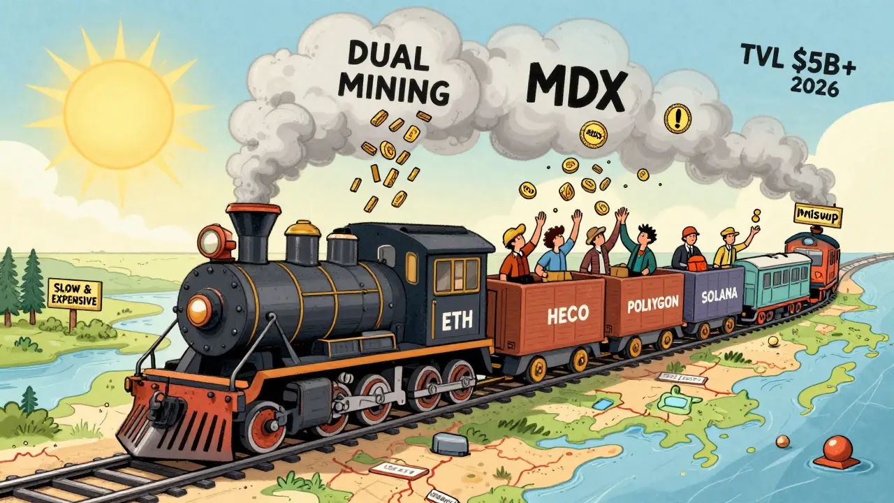 A multi-chain train labeled MDEX speeding across blockchains, raining MDX tokens as it advances.
