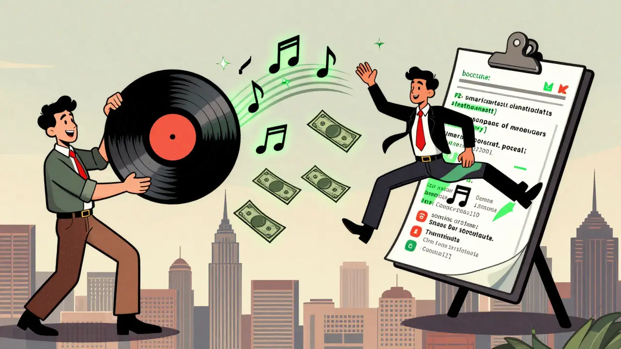 A musician's record becomes a blockchain ledger, automatically splitting royalties in a retro comic style.