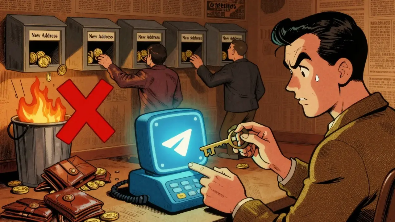 A person connecting a wallet to a vintage telephone bot while fake wallets burn