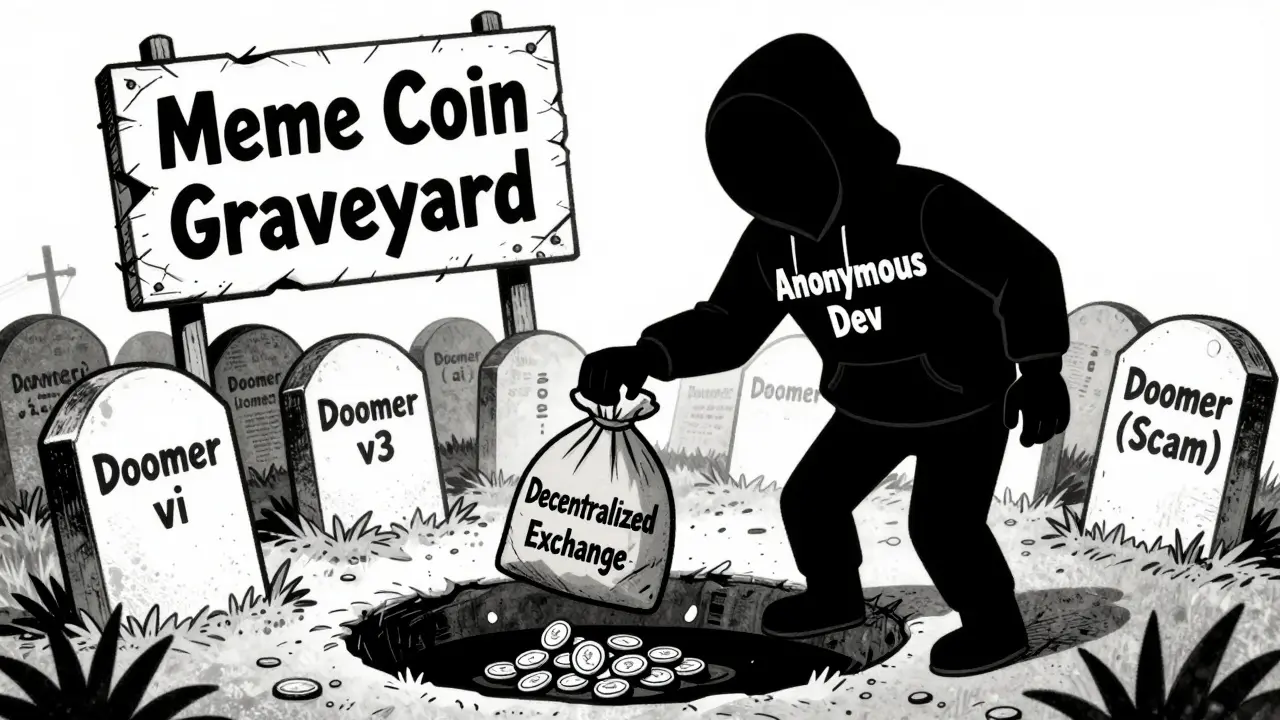 A shadowy figure drops DOOMER tokens into a bottomless pit as a graveyard of failed meme coins looms behind.