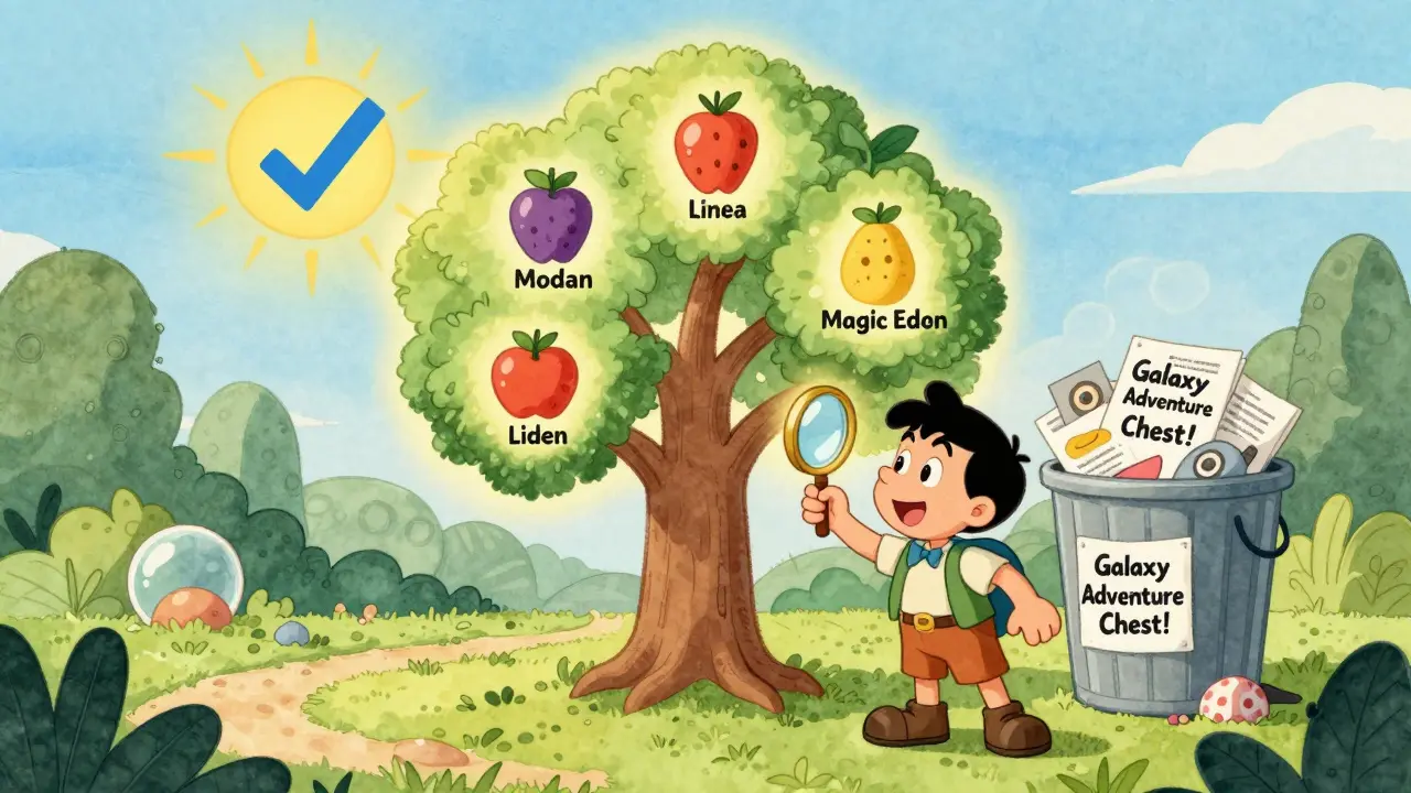 A tree with real NFT fruits under a blue checkmark sun, while fake ads rot in a trash bin.