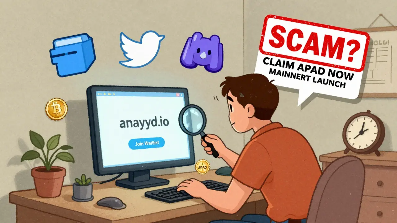 A user at a desk preparing for APAD airdrop, ignoring scam pop-ups while joining the waitlist.