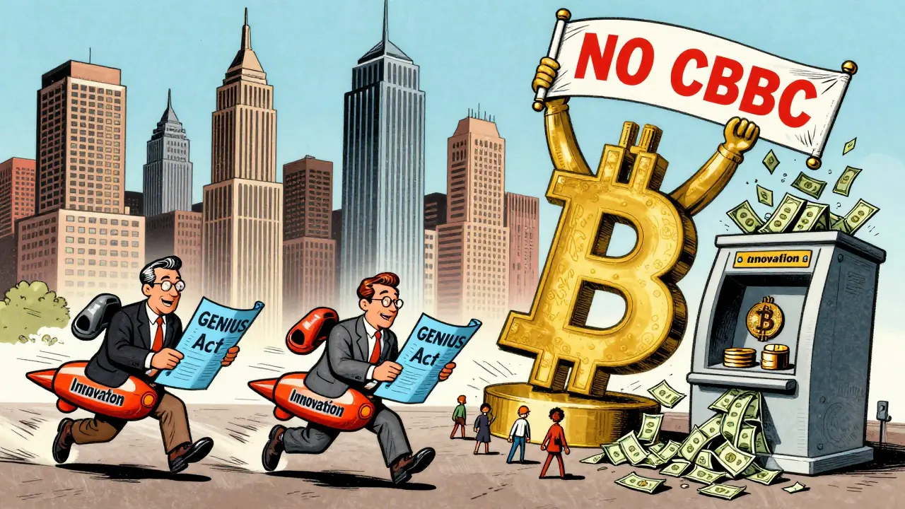 A vibrant American city with crypto-themed buildings and workers flying on innovation jetpacks under a &#039;NO CBDC&#039; banner.