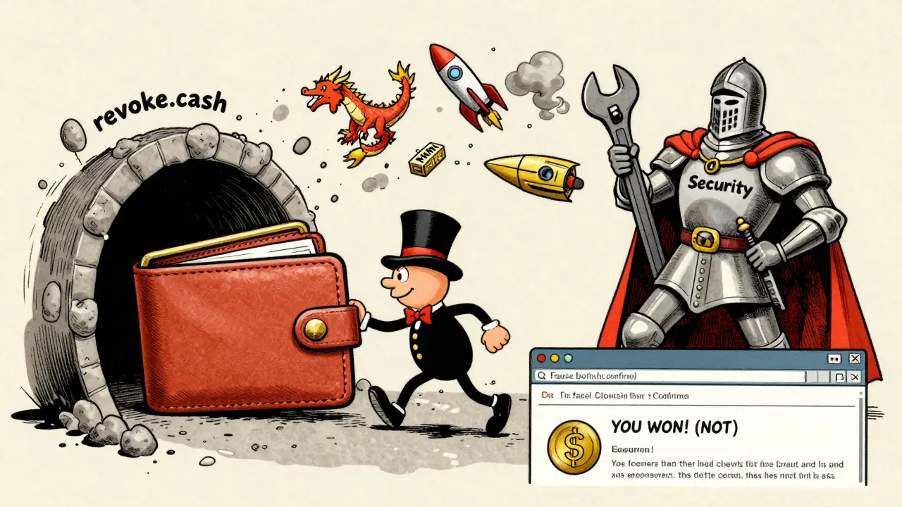 A wallet being rescued from a scam portal by a security knight, with stolen NFTs vanishing in smoke.