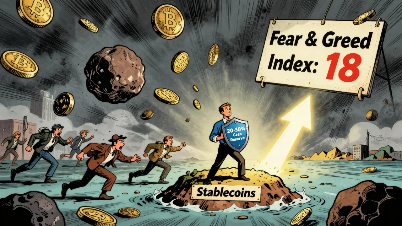 An investor stands firm on stablecoins amid falling crypto boulders, with Fear &amp; Greed Index at 18 in a stormy financial battlefield.