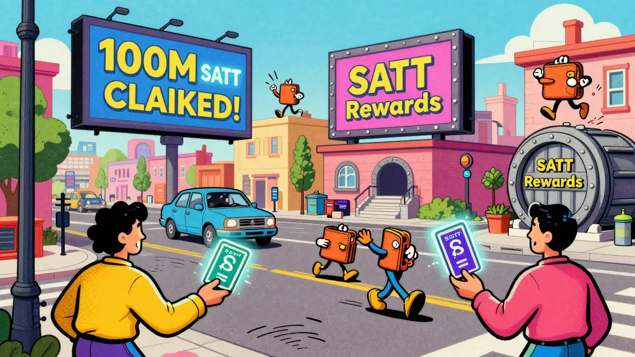 Cartoon people exchanging SATT referral links in a vibrant digital town with a CoinMarketCap billboard.