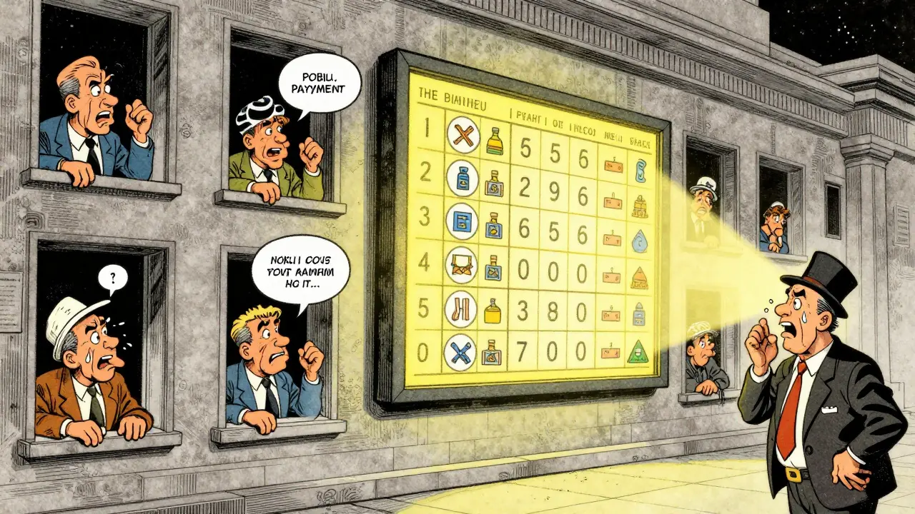 Citizens watch a public blockchain ledger showing government transactions, while a guilty official sweats under scrutiny.