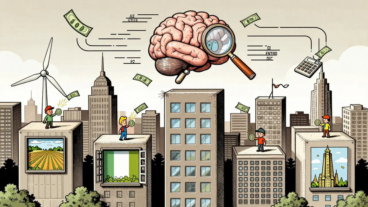 City skyline made of blockchain blocks with tokenized real-world assets and AI analyzing data.