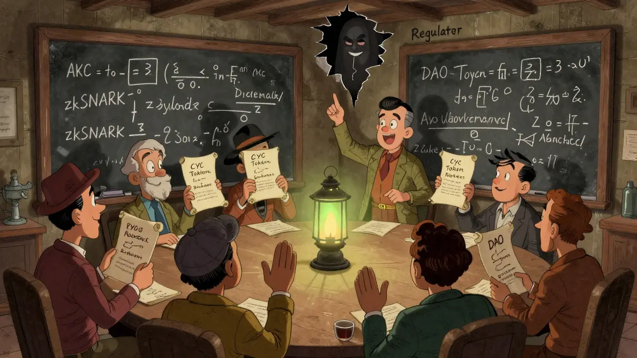 Community members holding CYC token notes in a basement filled with privacy equations