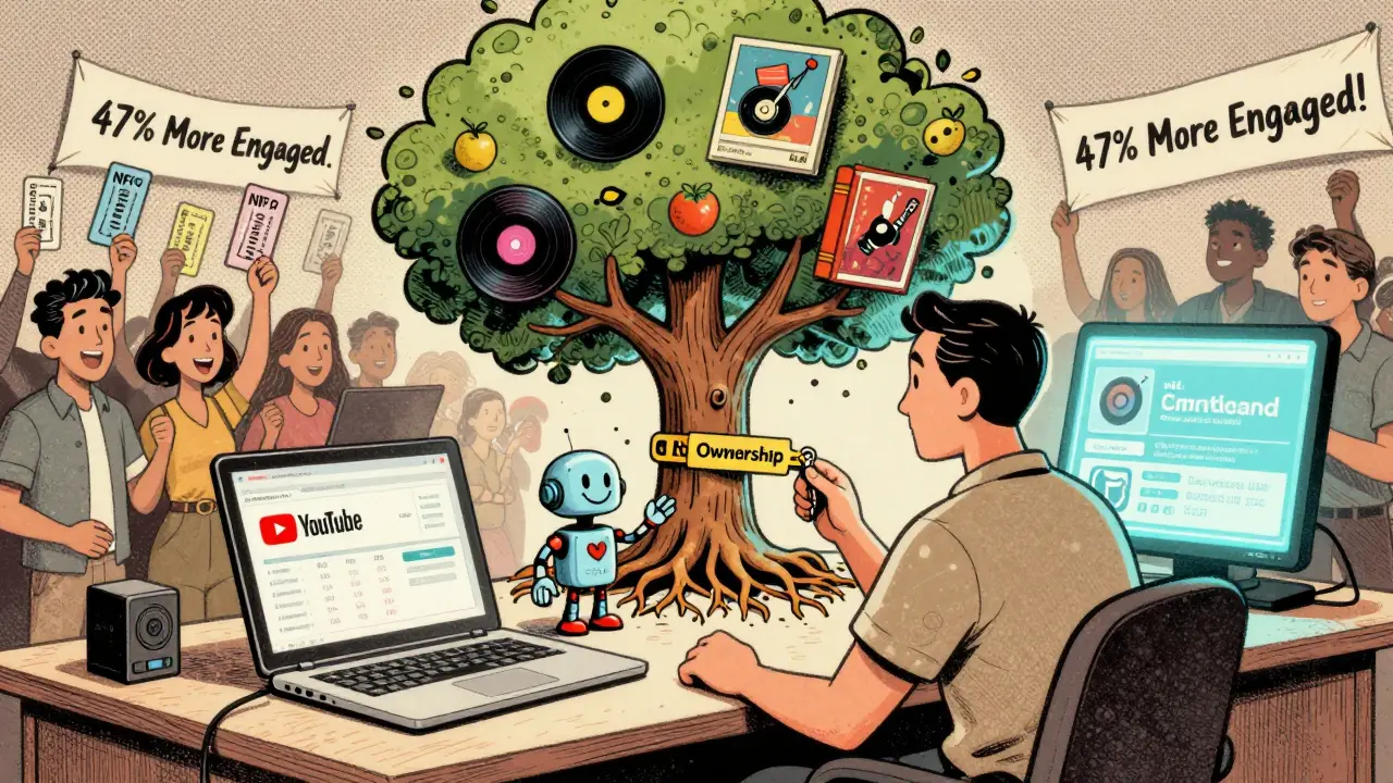 Creator balances traditional platforms with NFTs as a blockchain tree grows from their desk.