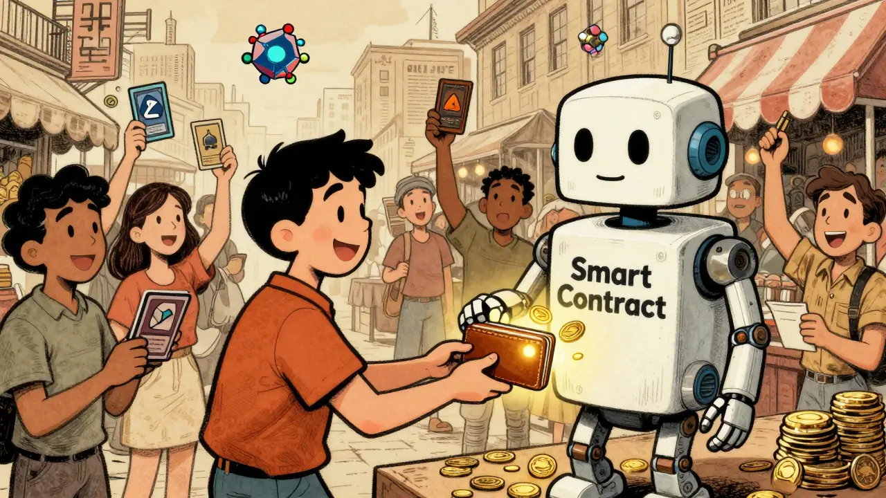 Creator connects a wallet to a friendly robot that sends royalties from fans reselling art.