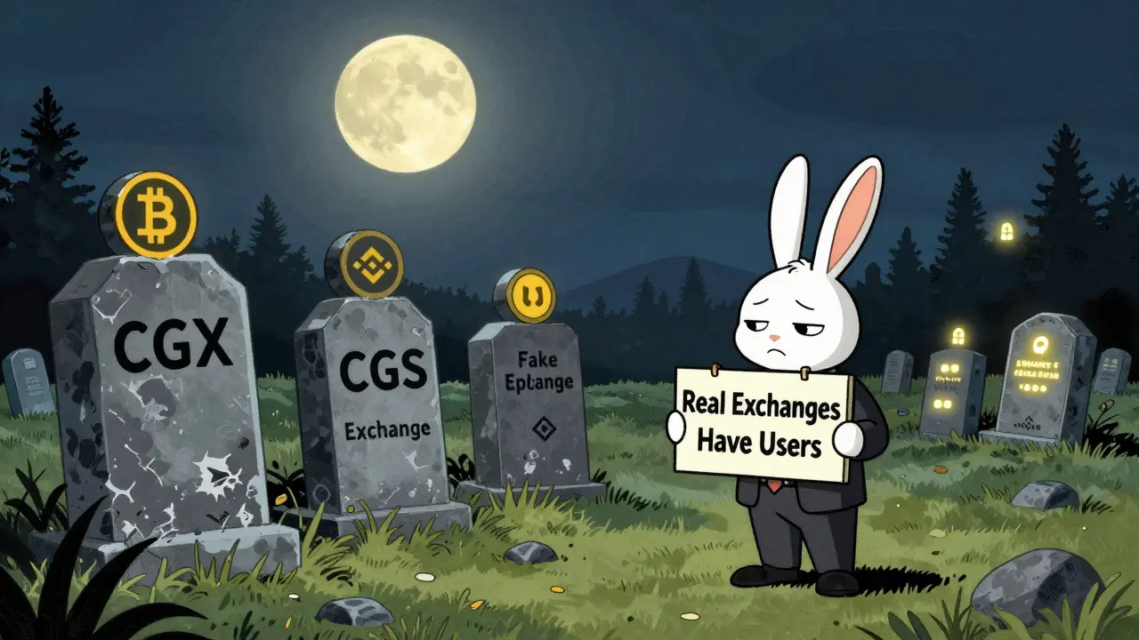 Crypto token graveyard under moonlight with real exchanges shining in distance.