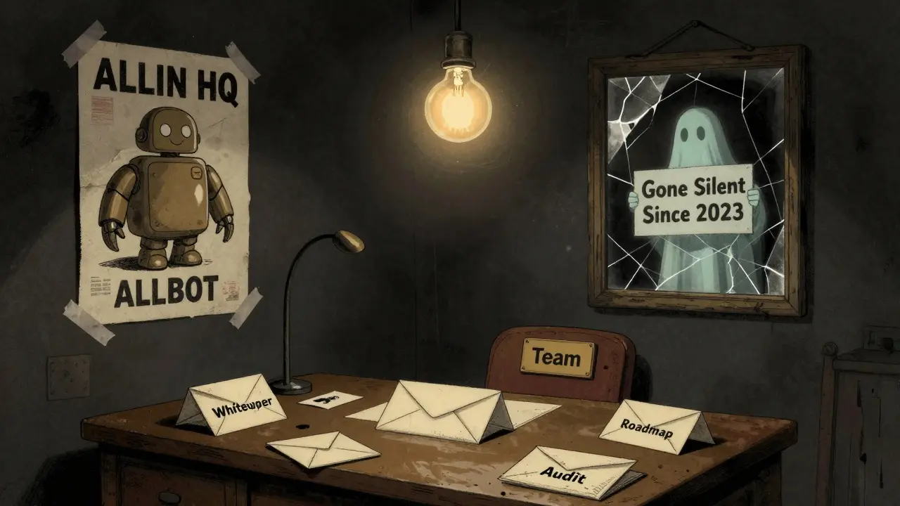 Empty ALLIN HQ room with faded posters and a silent team chair under a flickering bulb