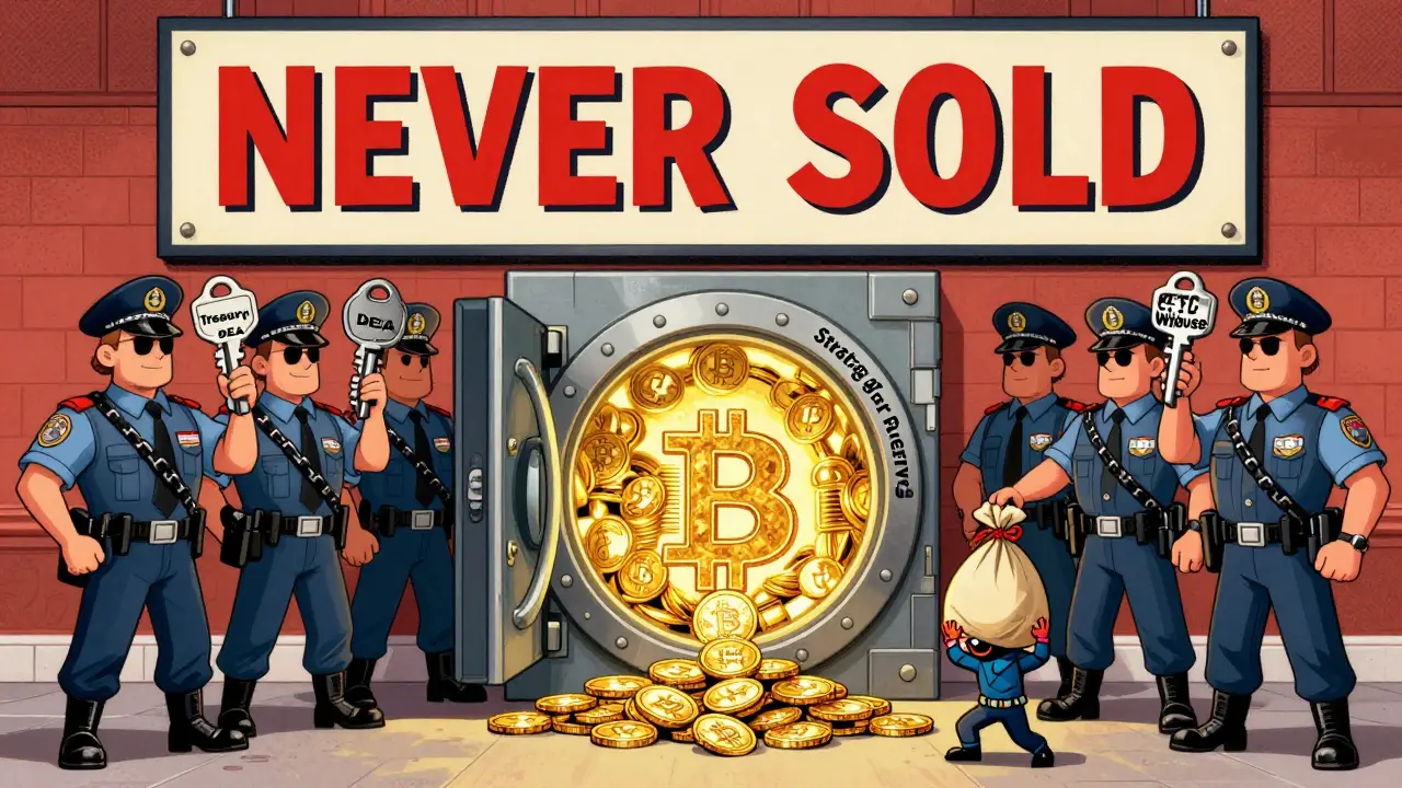 Federal agents guard a glowing Bitcoin vault with a &#039;NEVER SOLD&#039; sign, criminals dropping seized coins inside.