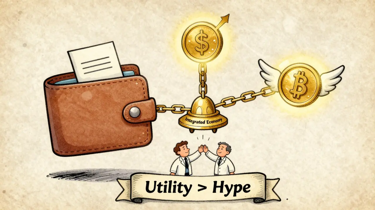 Floating wallet with three interconnected tokens representing voting, lending, and staking in an integrated economy.