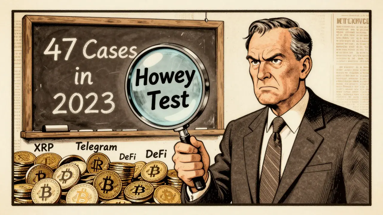Gary Gensler examines crypto tokens with a Howey Test magnifying glass in 1970s cartoon style.