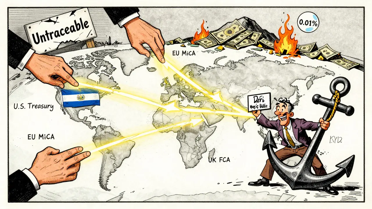 Global crypto transactions snapped by regulatory hands, with a smug investor pulled down by a KYC anchor.