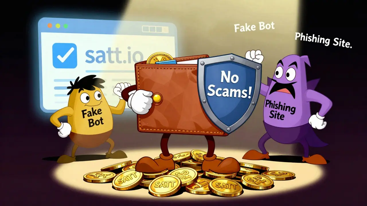 Heroic wallet defeating scam villains while standing on SATT tokens under a verified website glow.