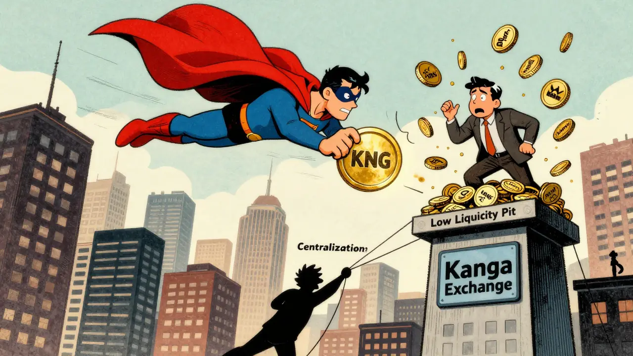 KNG superhero rescuing a trader from a liquidity pit, while a shadowy figure controls the exchange tower.