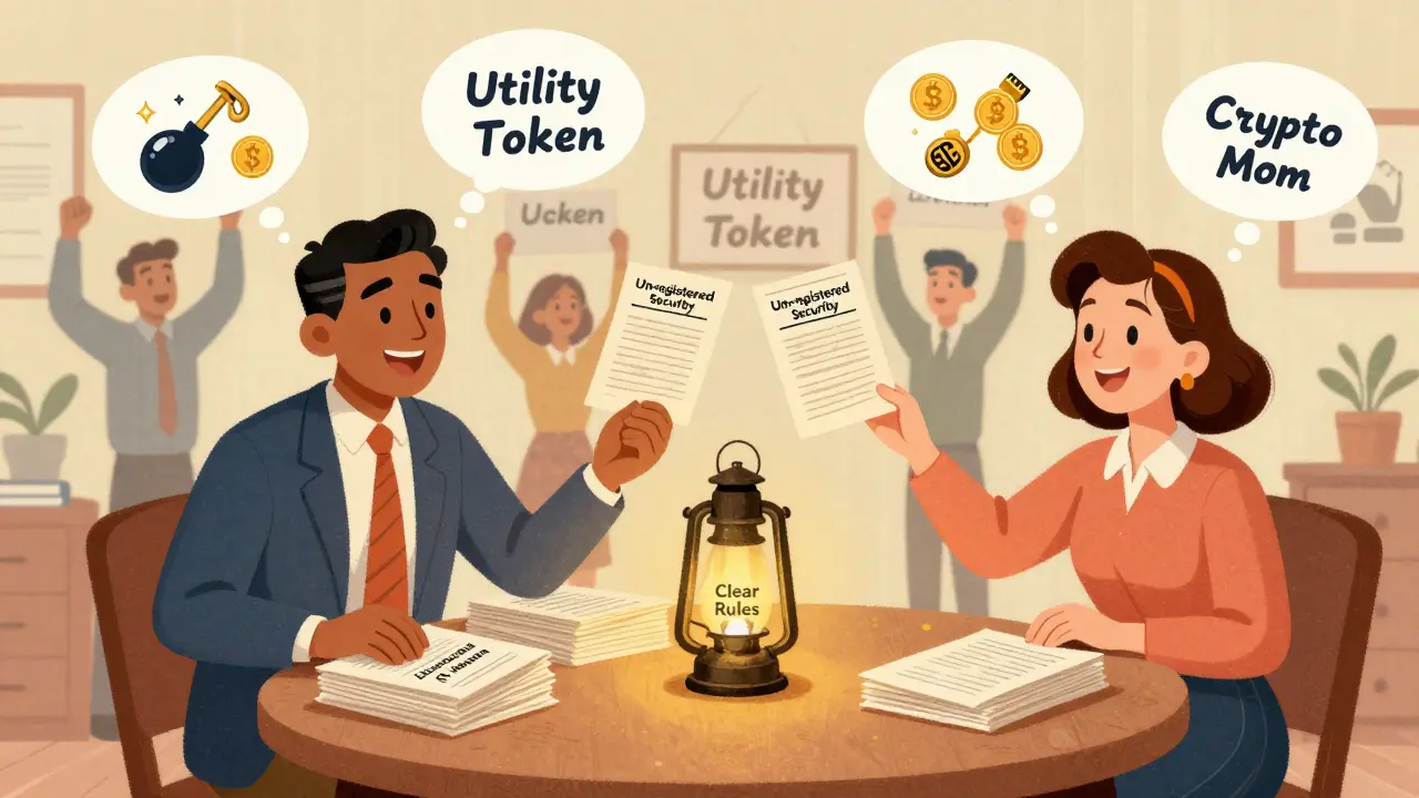 New SEC leaders light a 'Clear Rules' lantern as startups celebrate in vintage illustration style.