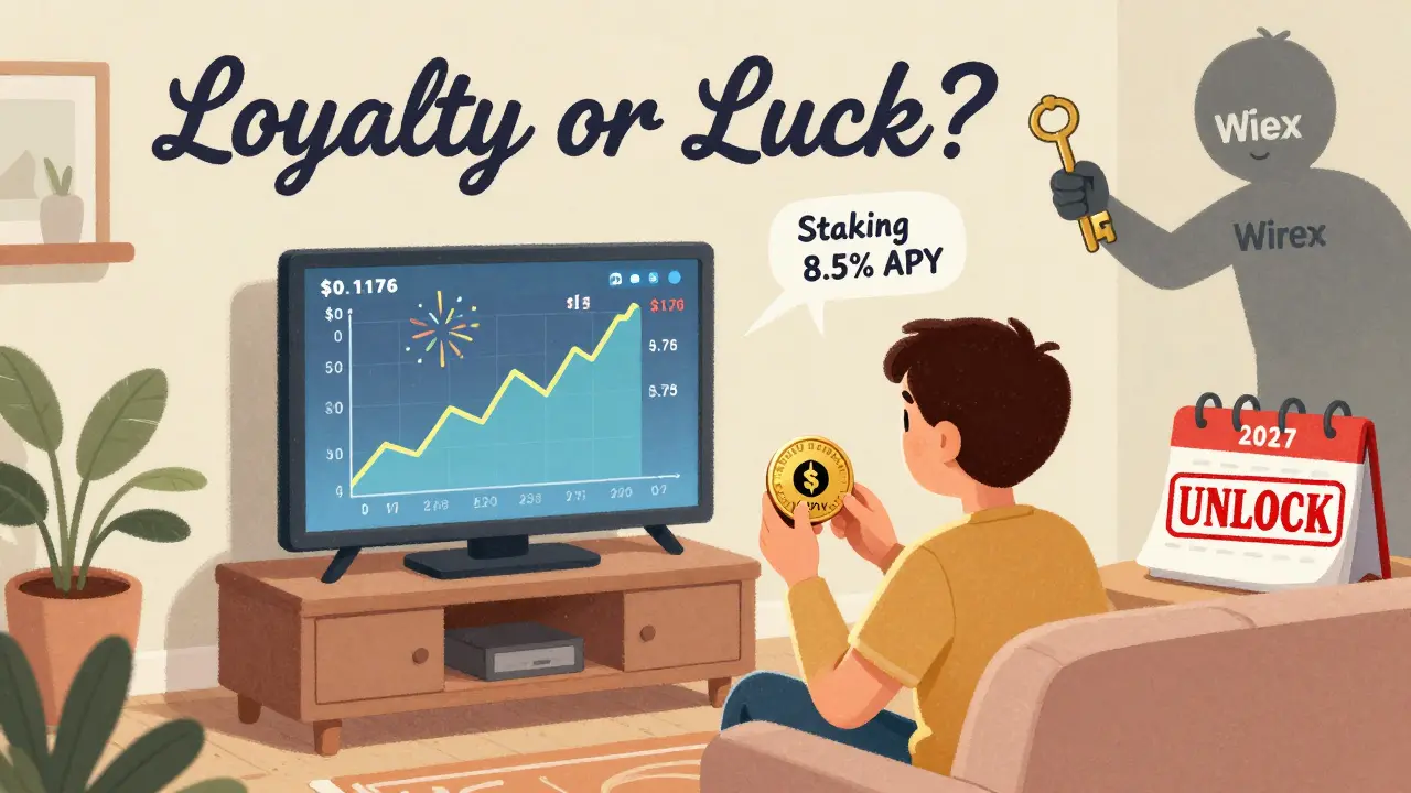 Person holding WPAY like a lottery ticket while TV shows price surge and &#039;UNLOCK 2027&#039; calendar