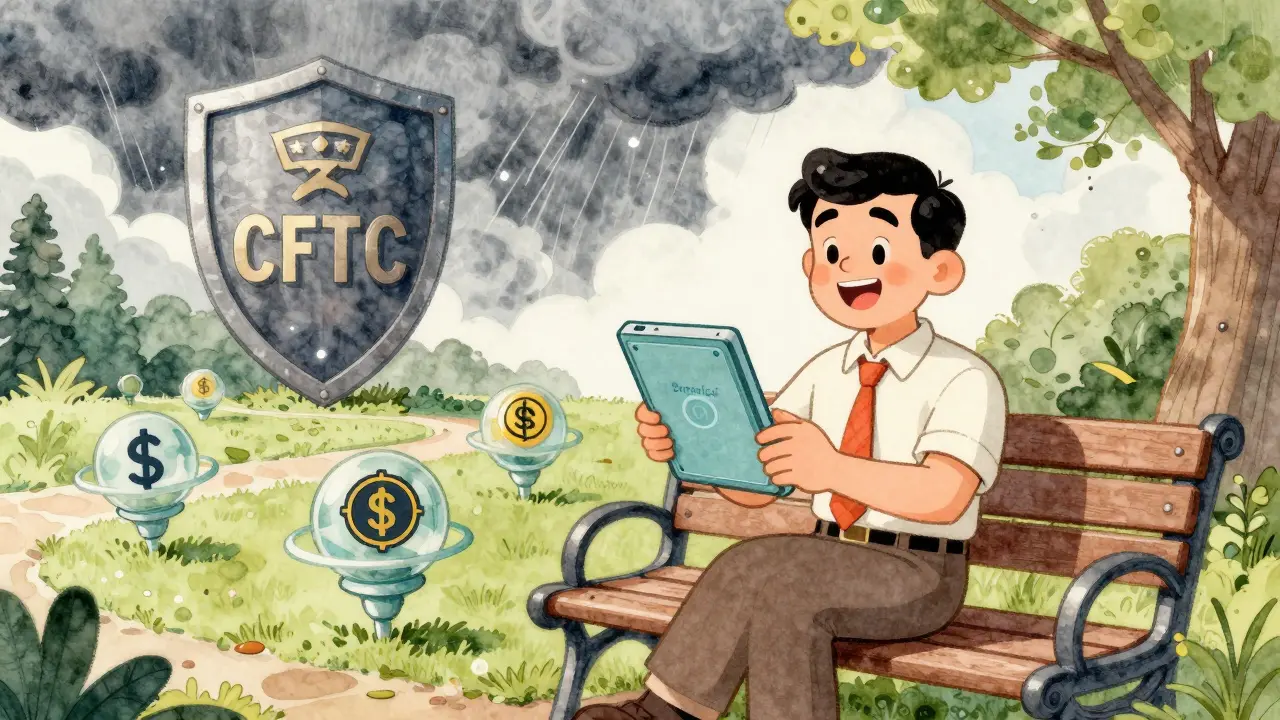 Retail trader using Botanical app on a park bench with stablecoin futures spinning around, protected by a CFTC shield.