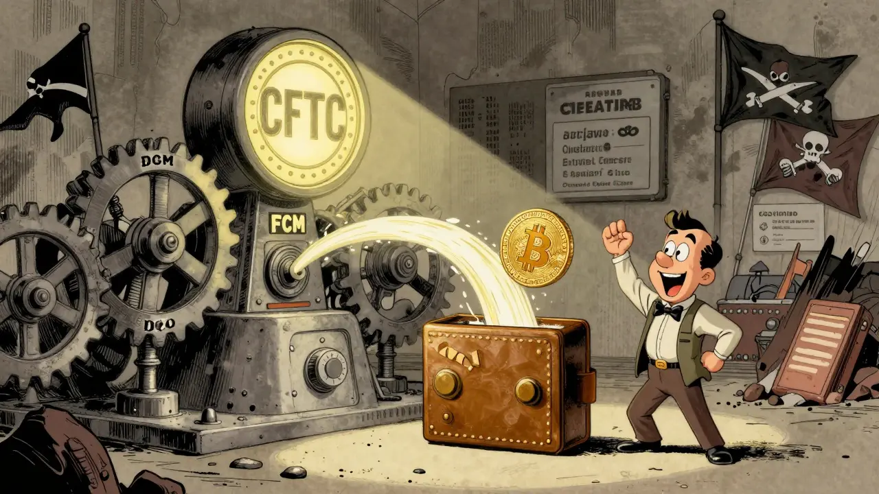 Retro-futuristic clearinghouse with CFTC seals and gears processing crypto assets while offshore exchanges crumble.