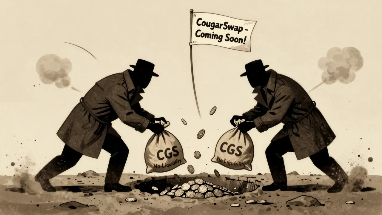 Shadowy figures dumping coins into a bottomless pit labeled 'No Liquidity'.