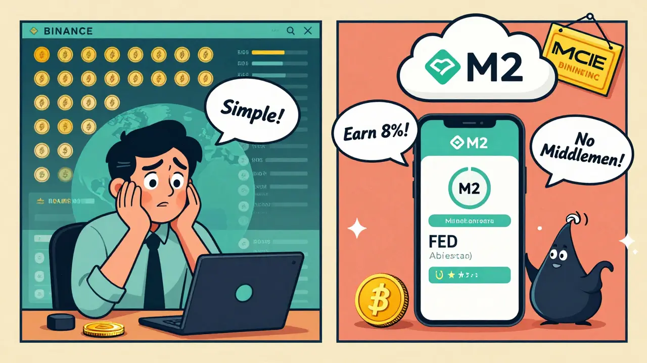 Split scene: chaotic global exchange vs. simple M2 app with a genie offering 8% earnings in retro cartoon style.