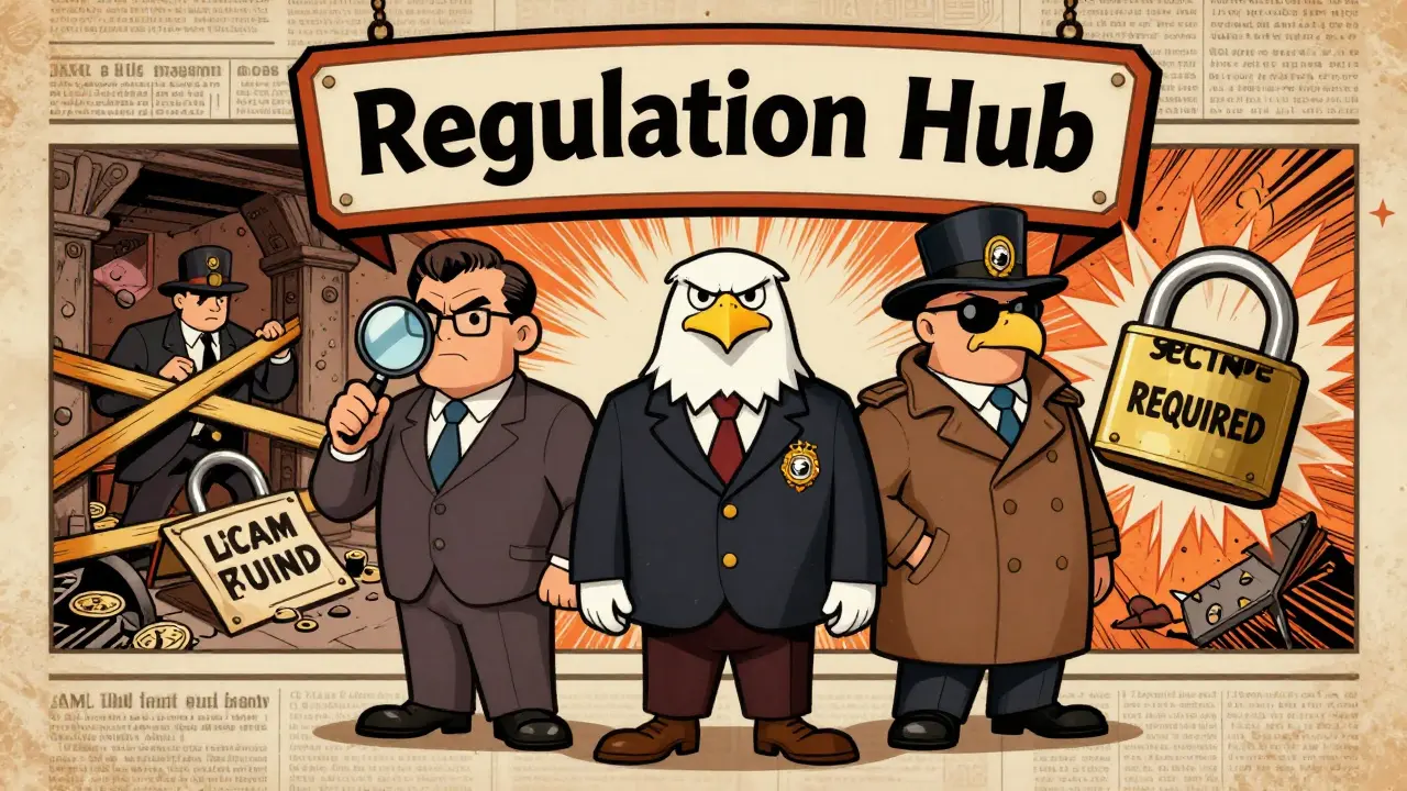Three government agencies team up to shut down an illegal crypto exchange in a cartoon style.
