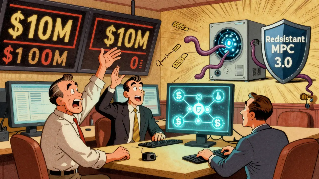 Traders on a floor waiting for slow approvals while one uses fast MPC custody to send crypto.