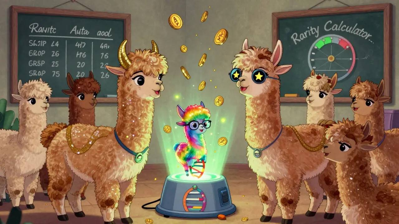 Two alpacas breeding a rare baby alpaca with rainbow fur, surrounded by floating ALPA tokens.