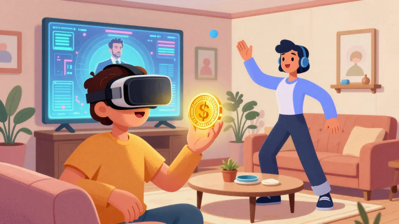 User in living room wearing VR headset, their avatar high-fiving a holographic DJ in a cartoon metaverse.