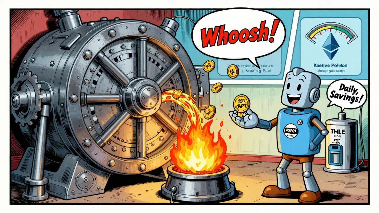 User staking KNG in a mechanical vault, with tokens burning and daily reward coins falling from above.