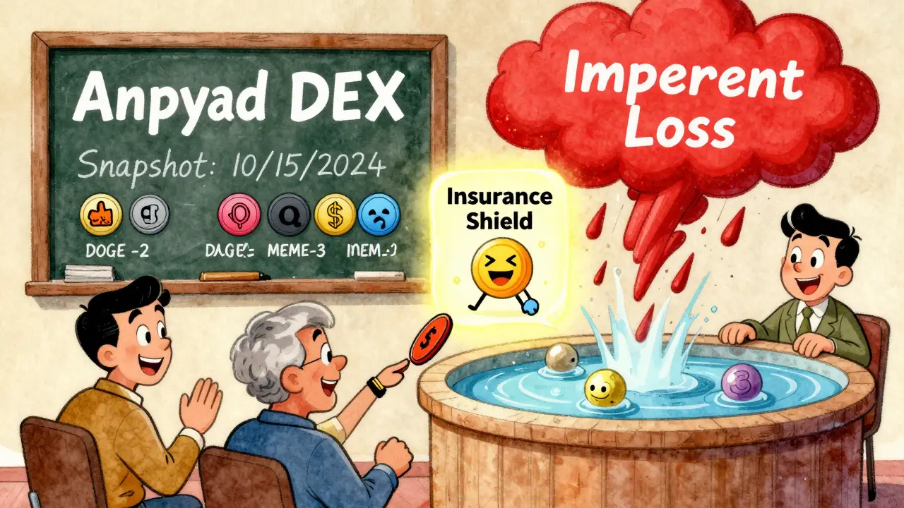 Whimsical DEX with a shield protecting liquidity pools from storm clouds labeled 'Impermanent Loss'.