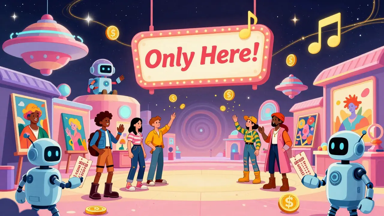 Whimsical marketplace in Sensorium Galaxy where avatars trade NFTs and tip artists with SENSO tokens.