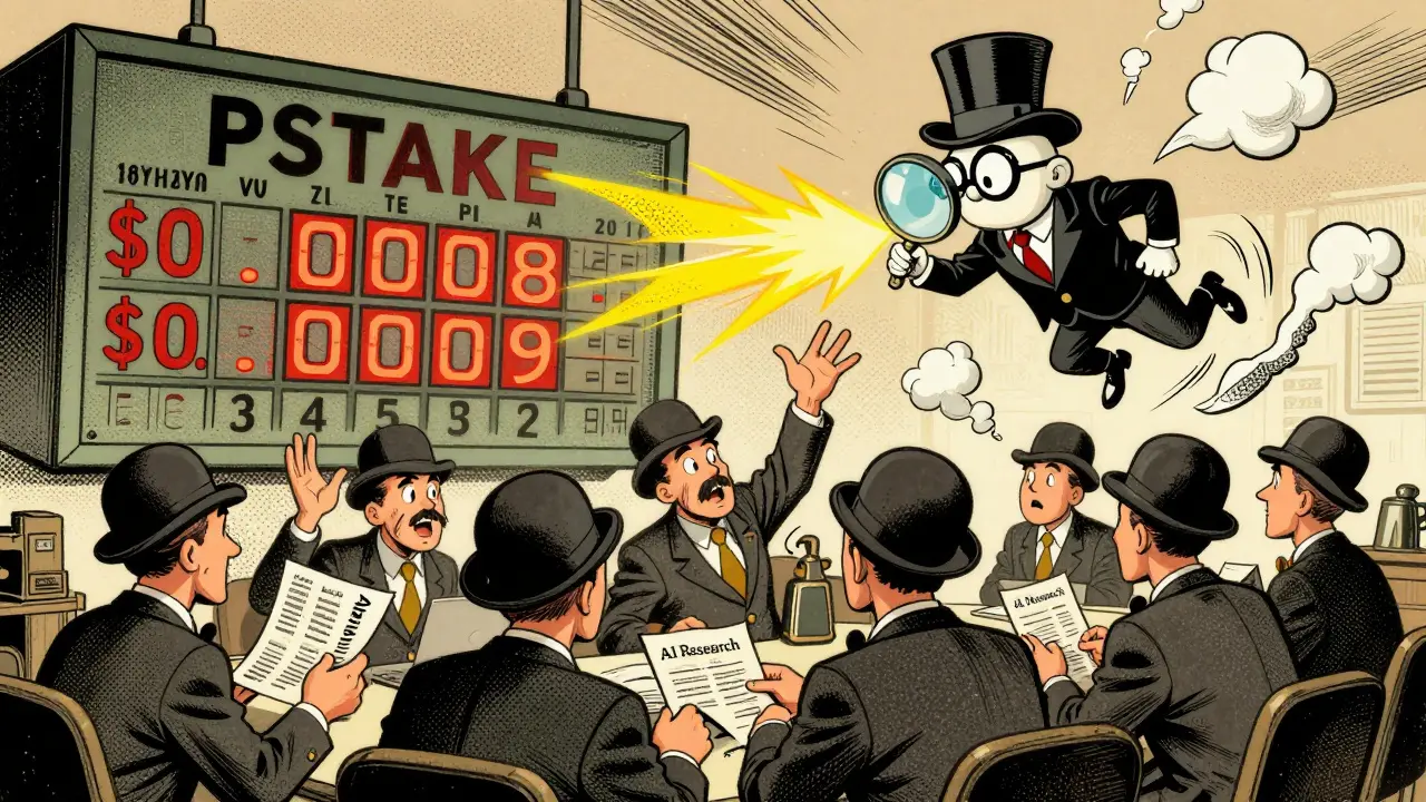1930s-style trading floor with clerks arguing over conflicting PSTAKE prices, while an AI agent floats above reading blockchain data.