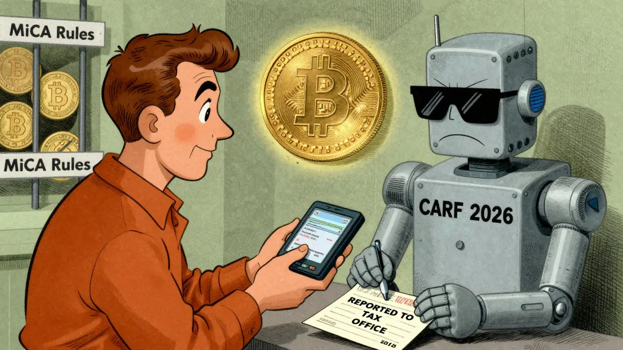 A citizen submits crypto transaction data to a CARF robot while digital euro shines and unlicensed coins are locked behind bars.