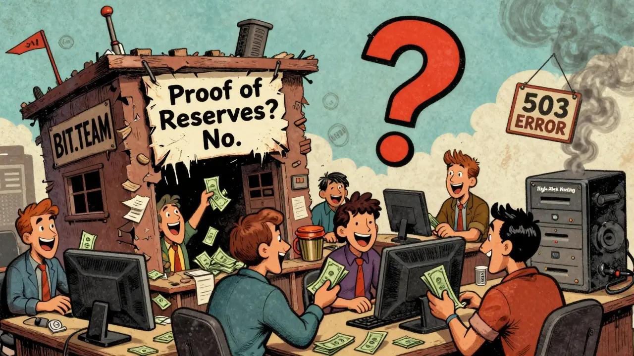 A crumbling BIT.TEAM building with users depositing money while a 503 error flashes overhead, vintage cartoon style.