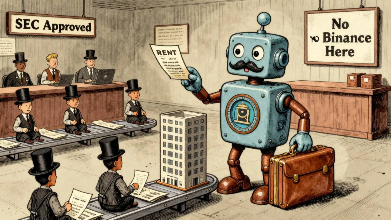 A friendly robot SPV distributing rent checks via smart contracts to investors in retro style.