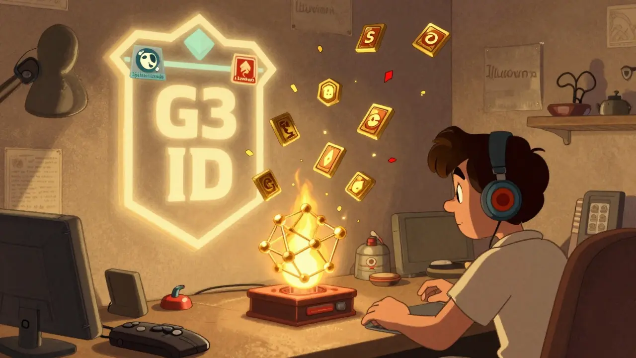 A gamer burning a G3 token to release rare NFT items, with a glowing G3 ID badge on the wall