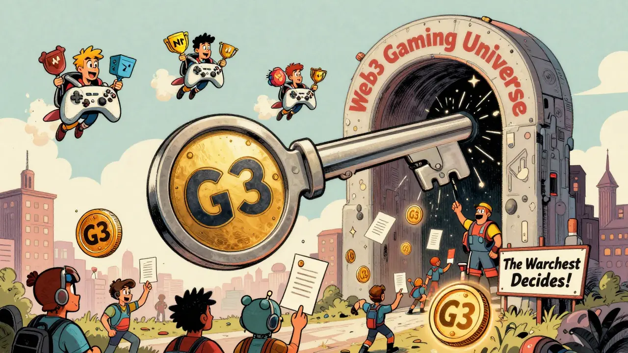 A giant G3 token key unlocking a portal to a vibrant web3 gaming universe filled with player avatars